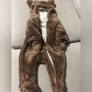H&M hooded faux fur bear onesie 0-1M